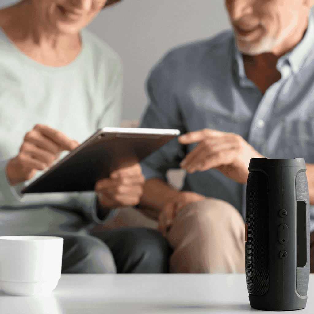 Elder couple looking at tablet