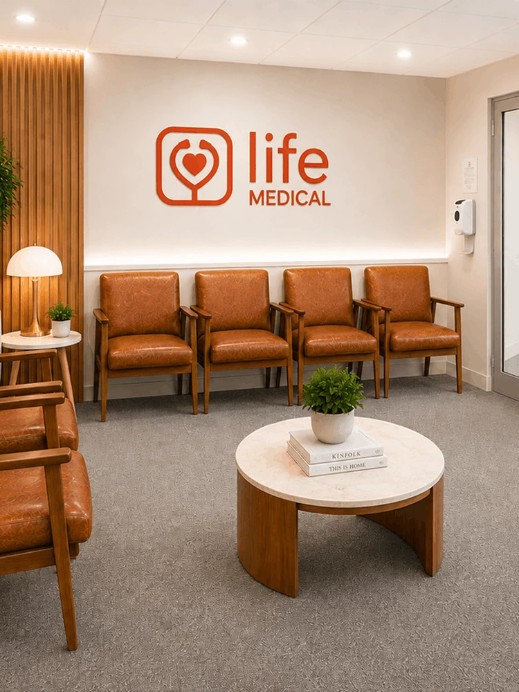 A modern medical clinic waiting room with leather chairs, a coffee table, and a long hallway